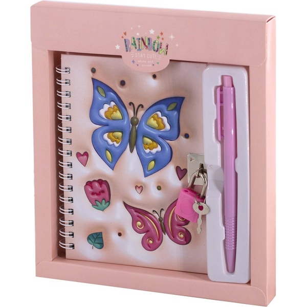 Блокнот с замочком + ручка в подар. упак. (А6, 46 л., клетка, 3D-обл., 7БЦ, гребень) Alingar Бабочки/ Персиковый