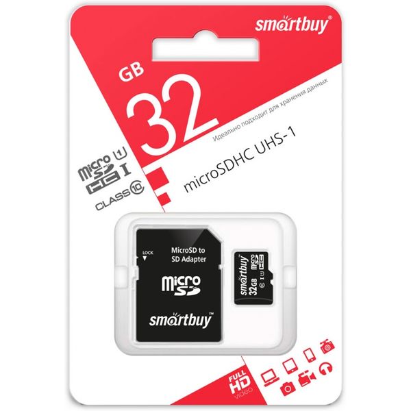 Карта памяти micro SDHC 32 Гб, UHS-1 (class 10), R/W: 30/20 Мб/с, адаптер, Smartbuy