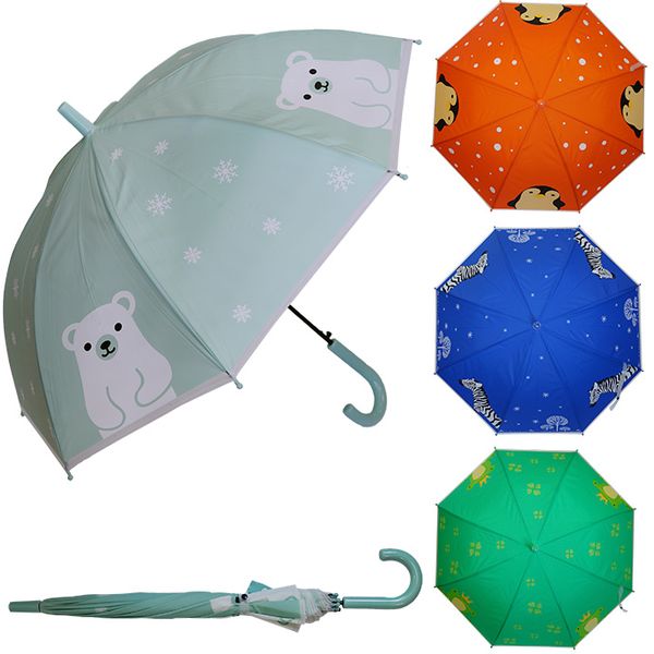 Зонт-трость полуавтомат, Ø77 см, 8 спиц, изогнутая рукоять, ДЕТСКИЙ Животные_5 дизайнов