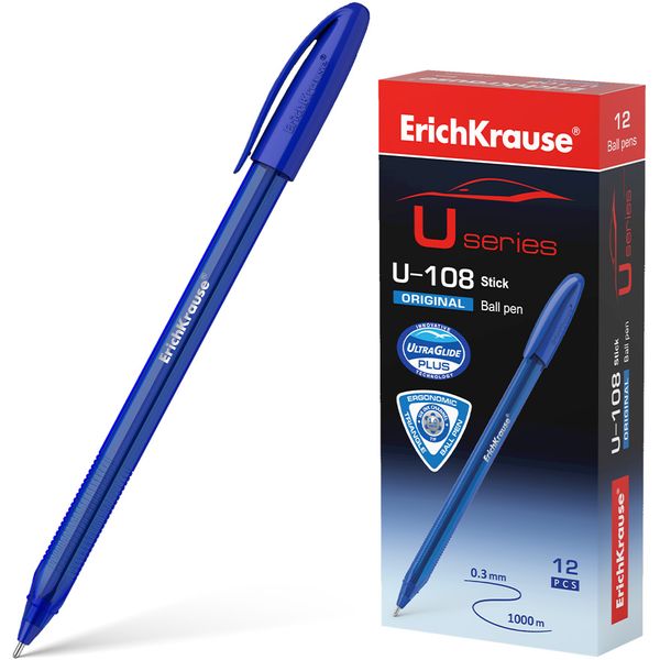 Ручка шариковая синяя, 1.0 мм "игла", рифл. грип, ErichKrause U-108 Stick Original Ручка шариковая синяя, 1.0 мм "игла", рифл. грип, ErichKrause U-108 Stick Original
