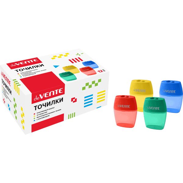 Точилка пластиковая, 2 отв. (Ø8 и Ø11 мм), контейнер, ластик, deVENTE_4 дизайна