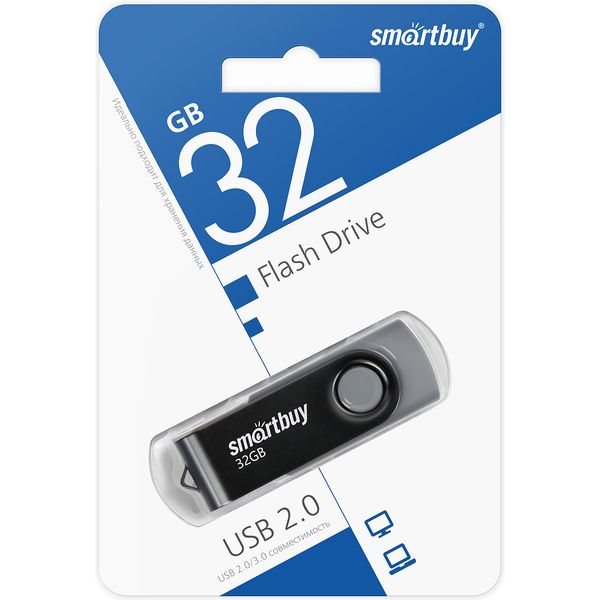 Флеш-накопитель USB 2.0, 32 ГБ, Smartbuy Twist/ Черно-серый