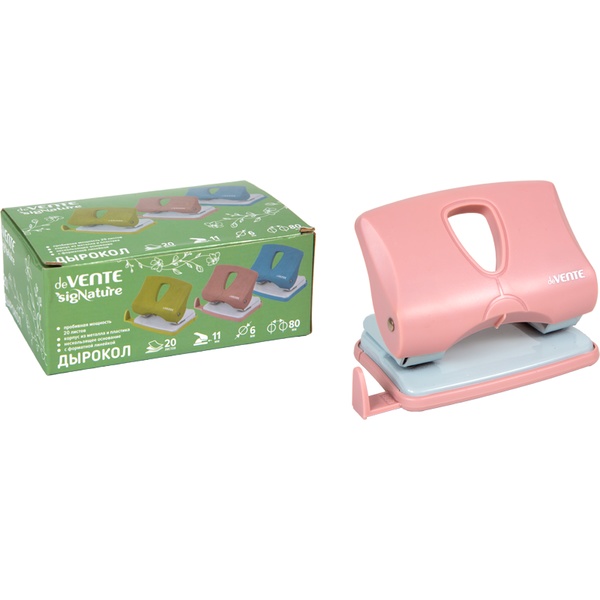 Дырокол на 20 л., 2 отв., пластик. рукоятка, линейка, deVENTE sigNATURE_пудрово-розовый