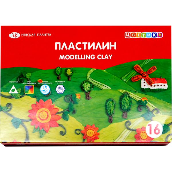 Пластилин классический ЦВЕТИК: 16 цветов, брусок 15 г, стек (к/к) Акция!