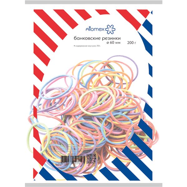 Резинки банковские канцелярские, Ø60 мм, 200 г (п/п), каучук 80%, микс цветов, Attomex