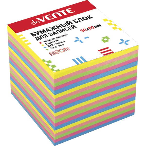 Бумага для заметок 9*9 см, 870 л., без склейки, 5 цветов (неон.), 80 г/м2, deVENTE Бумага для заметок 9*9 см, 870 л., без склейки, 5 цветов (неон.), 80 г/м2, deVENTE