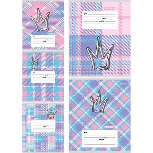 Тетрадь А5, клетка, 12 л., на скобе, 60 г/м², мел. бумага, Prof-Press Корона_5 дизайнов Акция!