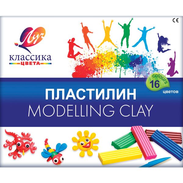 Пластилин классический ЛУЧ Классика цвета: 16 цветов, брусок 20 г, стек (к/к)