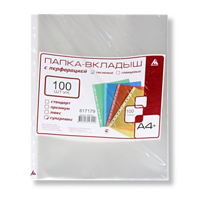 Файл-вкладыш А4+, 100 мкм, тисненый, унив. перф., Бюрократ СуперЛюкс (100 шт.)