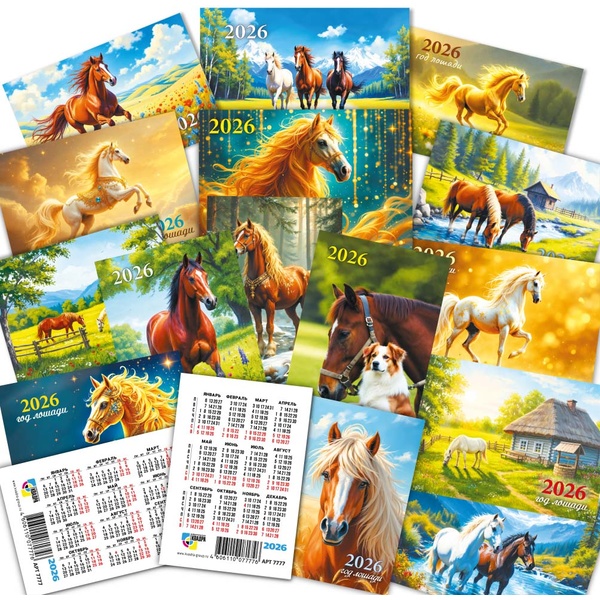 Календарь карманный 2026 г. Символ года, мел. картон 210-230 г/м2, УФ лак, ассорти