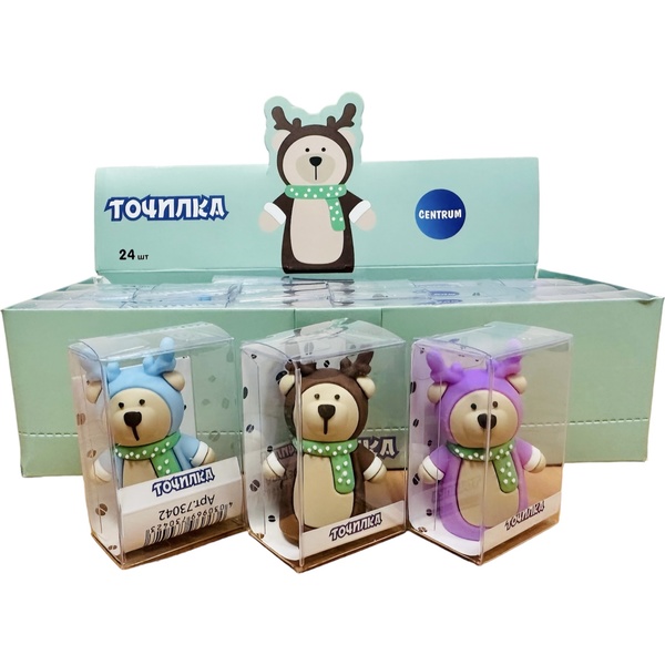 Точилка пластиковая, 1 отв., контейнер, софт-тач, CENTRUM Медвежонок_3 дизайна