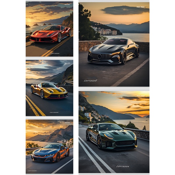 Тетрадь А5, клетка, 48 л., на скобе, 60 г/м², Prof-Press Машины и закат_5 дизайнов