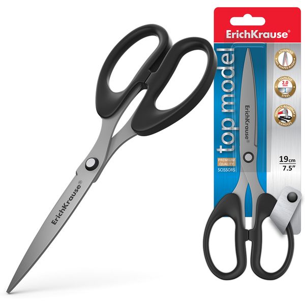 Ножницы 190 мм, классические, пласт. кольца, черные, ErichKrause Top Model
