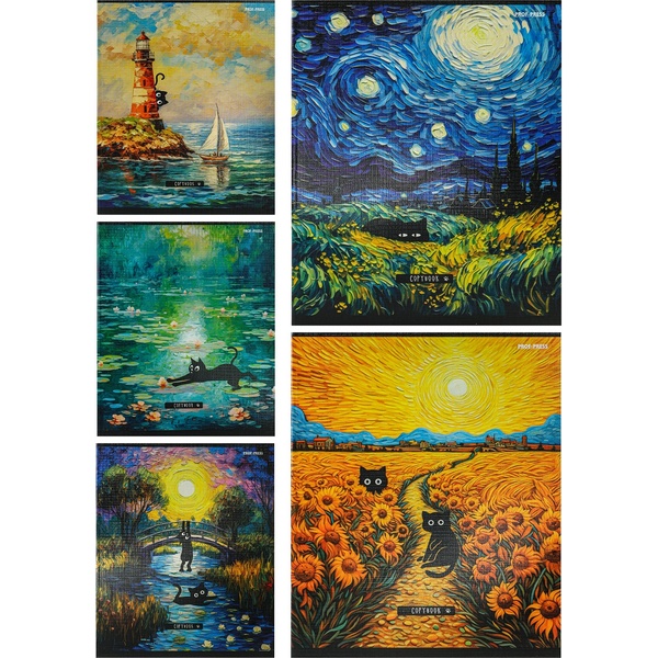 Тетрадь А5, клетка, 48 л., на скобе, 60 г/м², тисн."лен", Prof-Press Коты и искусство_5 дизайнов