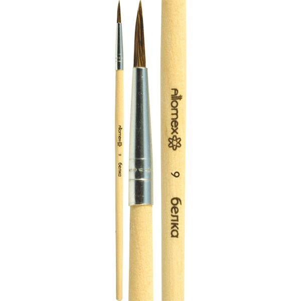 Кисть белка, №9, круглая, деревянная ручка, натур, Attomex