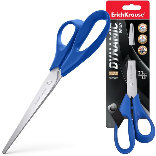 Ножницы 210 мм, эргономичные, пластик. кольца, синие, ErichKrause Dynamic