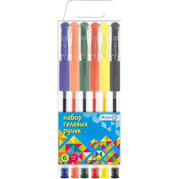 Ручки гелевые, набор 6 шт./6 цв., Ø 0.5 мм, эрг. грип, прозр. корп., Attomex АКЦИЯ!!!
