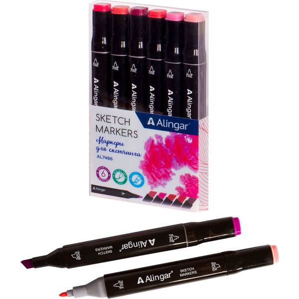 Скетчмаркеры 2-сторонние, набор 6 цв. (розовые), спирт. основа, перо пуля/клин, 1 мм/1-6 мм, Alingar Акция!