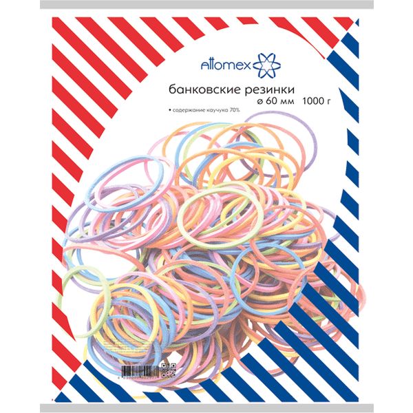 Резинки банковские канцелярские, Ø60 мм, 1000 г (п/п), каучук 80%, микс цветов, Attomex