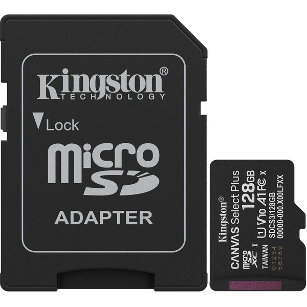 Карта памяти micro SDXC 128 Гб, UHS-1 U1 (class 10), c адаптером, Kingston Canvas Select Plus V10 A1*