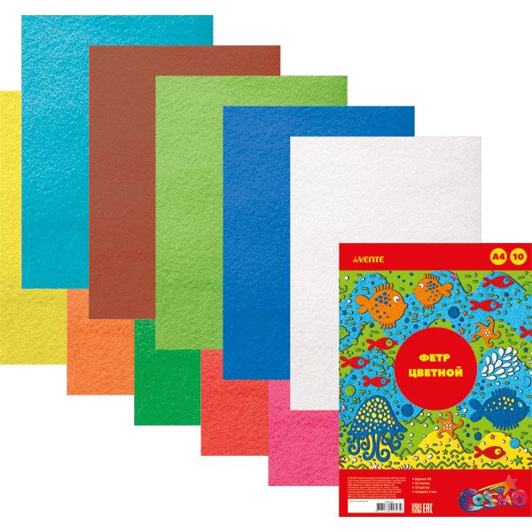 Фетр для творчества 1 мм, А4, 10 л., 10 цв., в п/п, deVENTE Cosmo