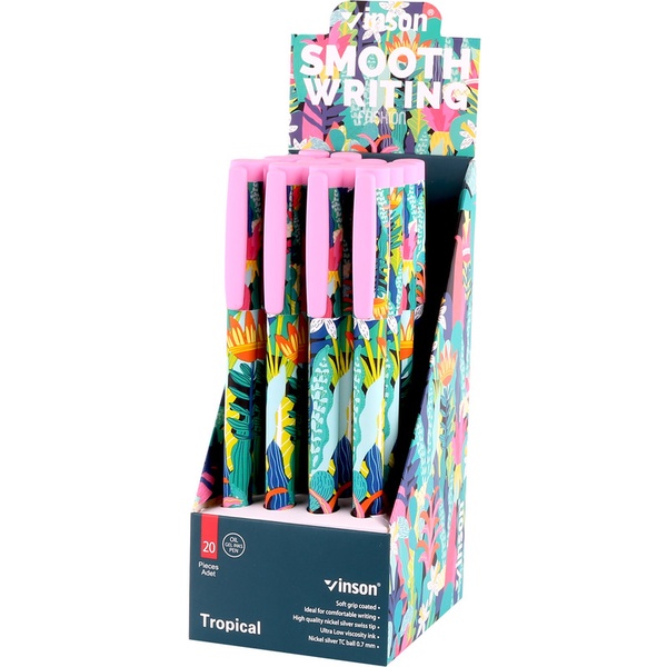 Ручка шариковая синяя, 0.7 мм "игла", круг. матовый корпус, VINSON А25 Tropical Акция!