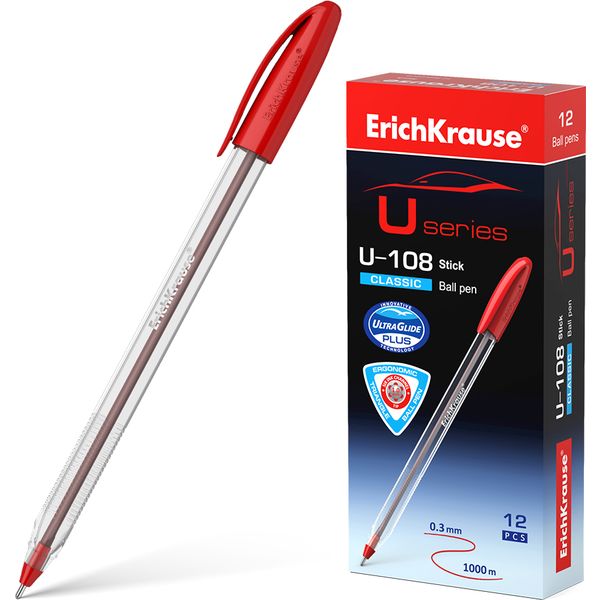 Ручка шариковая красная, 1.0 мм, узел-игла, грип, ErichKrause U-108 Stick Classic Ручка шариковая красная, 1.0 мм, узел-игла, грип, ErichKrause U-108 Stick Classic