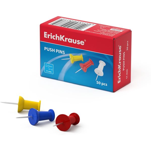 Кнопки-гвоздики 50 шт., игла 11 мм, цветные, к/к, ErichKrause