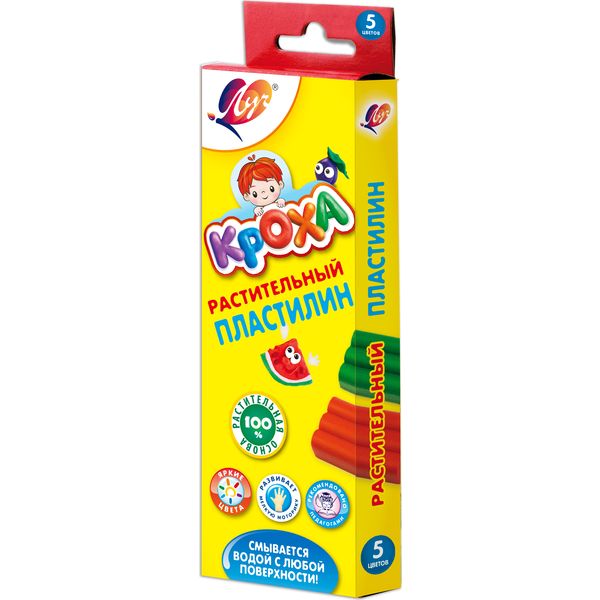 Пластилин растительный ЛУЧ Кроха: 5 цветов, брусок 16 г, стек (к/к)