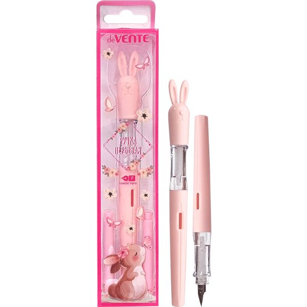 Ручка перьевая F (Fine), синие чернила, 2 картриджа 0.8 м, эргогрип, декор. колпачок, deVENTE Зайка