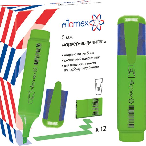 Текстмаркер зеленый, неоновый, ШЛ 1-5 мм, н-к "клин", Attomex