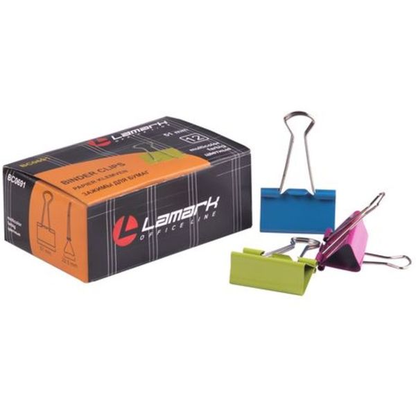 Зажимы для бумаг 51 мм, 12 шт., цветные, LAMARK Неон  Акция!