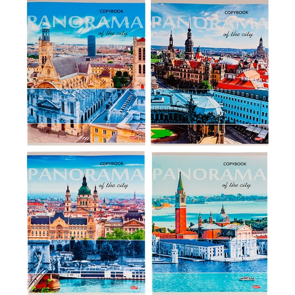 Тетрадь А5, клетка, 96 л., на скобе, 60 г/м², мел. бумага, Profit Панорамы городов_4 дизайна