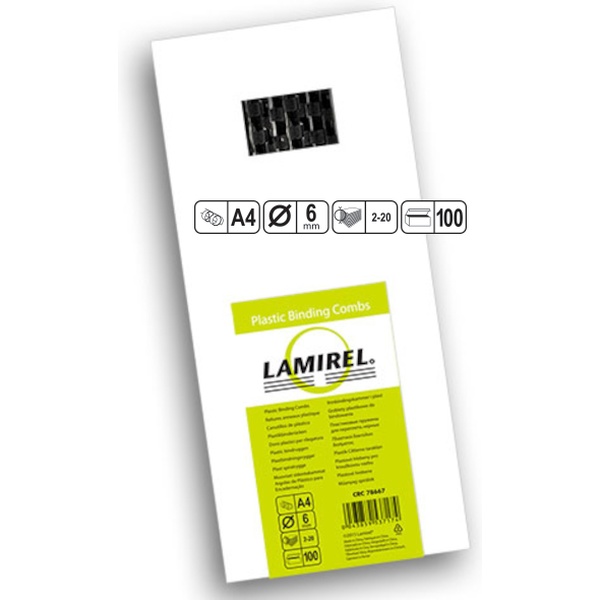 Пружина для переплета пластиковая, D6 мм, круглая, сшивает до 20 л., черная, 100 шт/уп, Lamirel