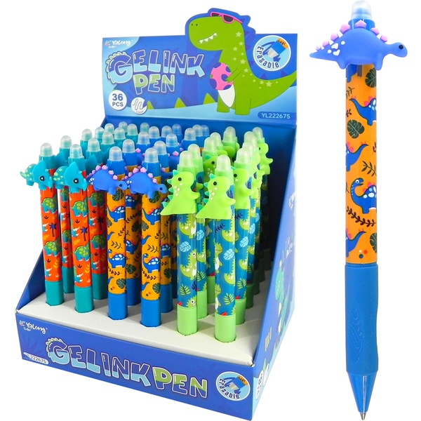 Ручка "пиши-стирай" гелевая, автомат., синяя, Ø 0.5 мм, эрг. грип, декор. эл., Yalong Dino_3 дизайна АКЦИЯ!!!