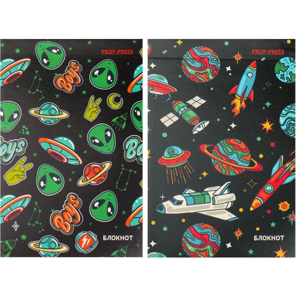 Блокнот на склейке А7, 48 л., клетка, 60 г/м², Prof-Press Переполох в космосе_2 дизайна Акция!