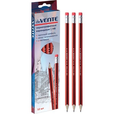 Карандаш чернографитный с ластиком, HB, деревянный, трехгранный, черно-красный, deVENTE Карандаш чернографитный с ластиком, HB, деревянный, трехгранный, черно-красный, deVENTE