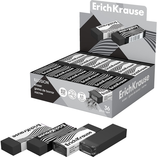 Ластик с магнитом для стружки ErichKrause Illusion, Eco-PVC, прямоугольный, 50*20*10 мм, картон. держатель, 4 дизайна  Акция!