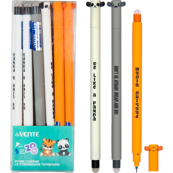 Ручка "пиши-стирай" гелевая, синяя, Ø 0.5 мм "игла", лин. 0.4 мм, круг. корпус, deVENTE Zoo_3 дизайна