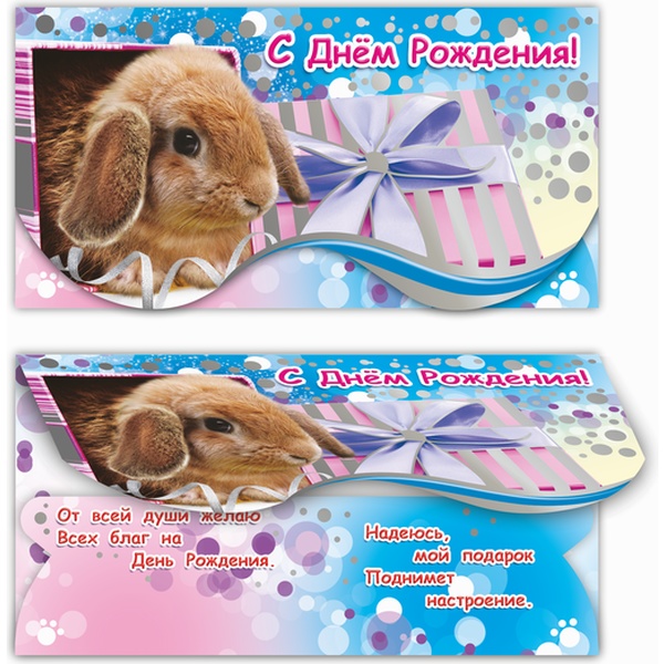 Конверт для денег С днем рождения! Изд. ЛЕДА (Милый кролик). Текст