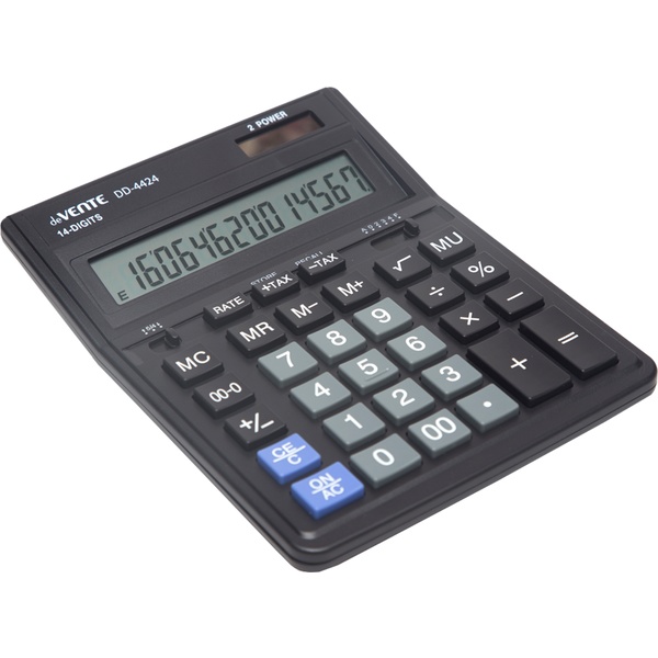 Калькулятор бухгалтерский deVENTE DD-4424, 14-разряд., 1 яч. памяти, дв. питание, 00, →, MU, TAX, черный Калькулятор бухгалтерский deVENTE DD-4424, 14-разряд., 1 яч. памяти, дв. питание, 00, →, MU, TAX, черный