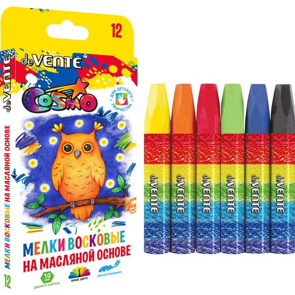 Мелки восковые 12 цветов, шестигранные, масл. осн., инд. обертка, deVENTE Cosmo (к/к)
