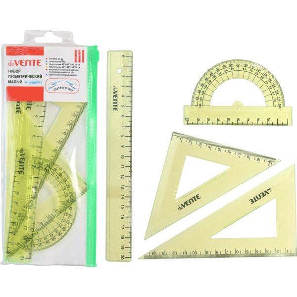 Инструменты чертежные 4 предм.: лин. 20, угол. 45°/14 и 30°/10, трансп., deVENTE (прозр. салатовый)