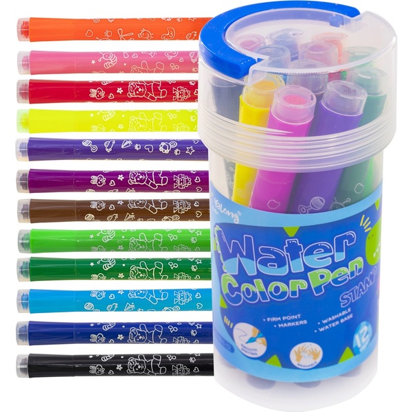 Фломастеры-штампы, 12 цветов, чернила в/о, корп. Jumbo с рис., Yalong ДиноЗавр (п/тубус)