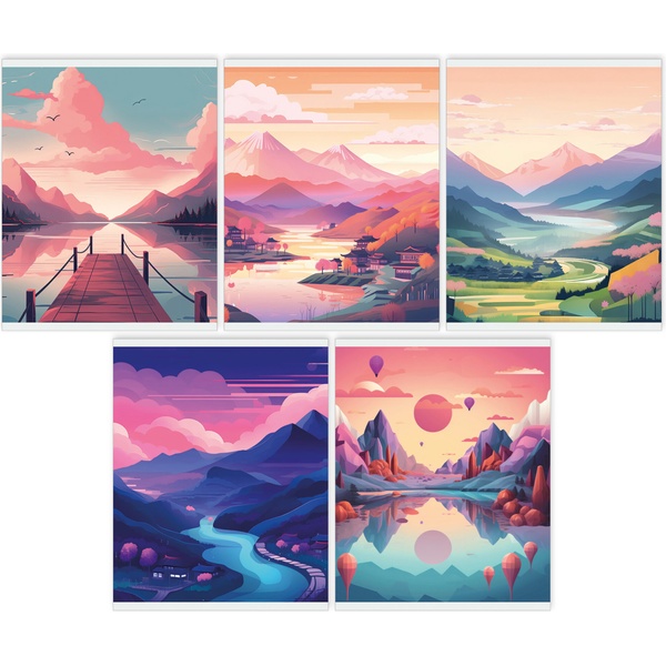 Тетрадь А5, клетка, 48 л., на скобе, 60 г/м², выб. лак, блестки, Listoff Горная долина_5 дизайнов