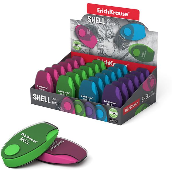 Ластик ErichKrause Shell, TPR (Dust free), эрг. форма, 59*33*14 мм, пласт. футляр, 4 дизайна