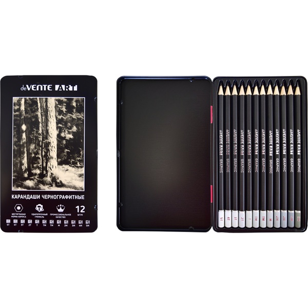 Карандаши чернографитные, 12 шт. (HВ), деревянные, шестигранные, черные, deVENTE. Art