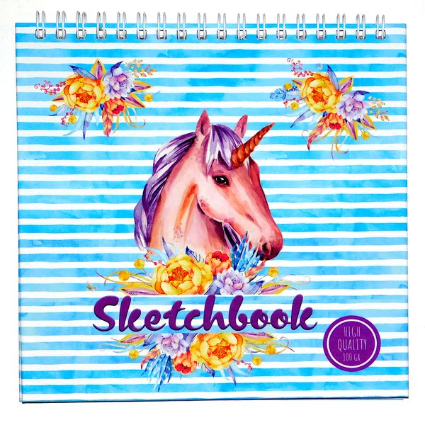 Скетчбук 165*165 мм, на гребне, 40 л., Lux cream 100 г/м², обл. 7БЦ, MILAND Единорог    Акция!