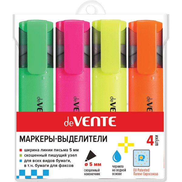 Текстмаркеры 4 цвета, неоновые, ШЛ 1-5 мм, н-к "клин", deVENTE