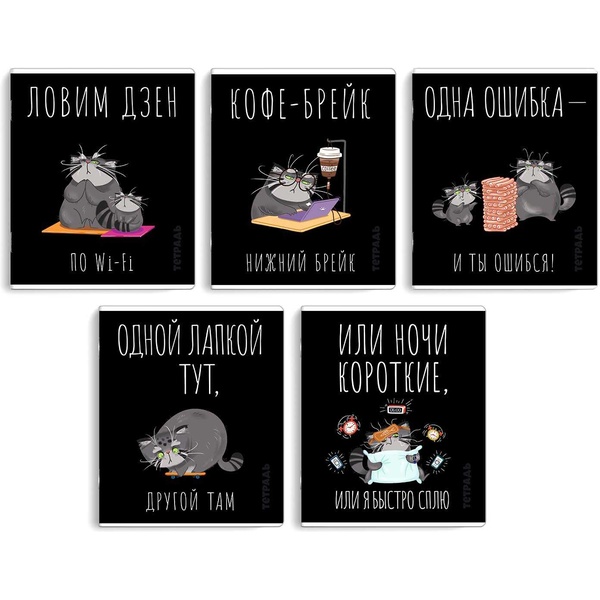 Тетрадь А5, клетка, 48 л., на скобе, 60 г/м², твин-лак, Феникс+ Серый кот_5 дизайнов Акция!